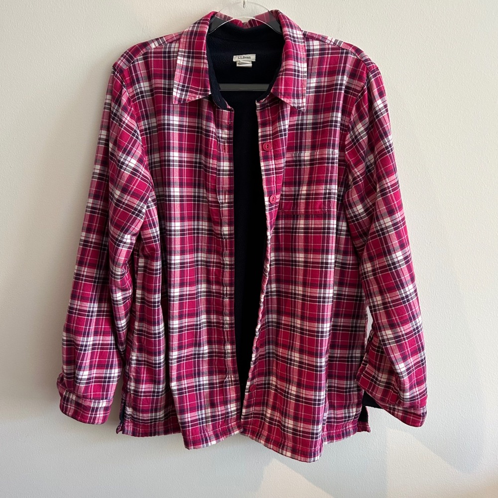 LL Bean Shirt Jacket Magenta Pink Plaid Fleece Lined Flannel Shacket L 285013